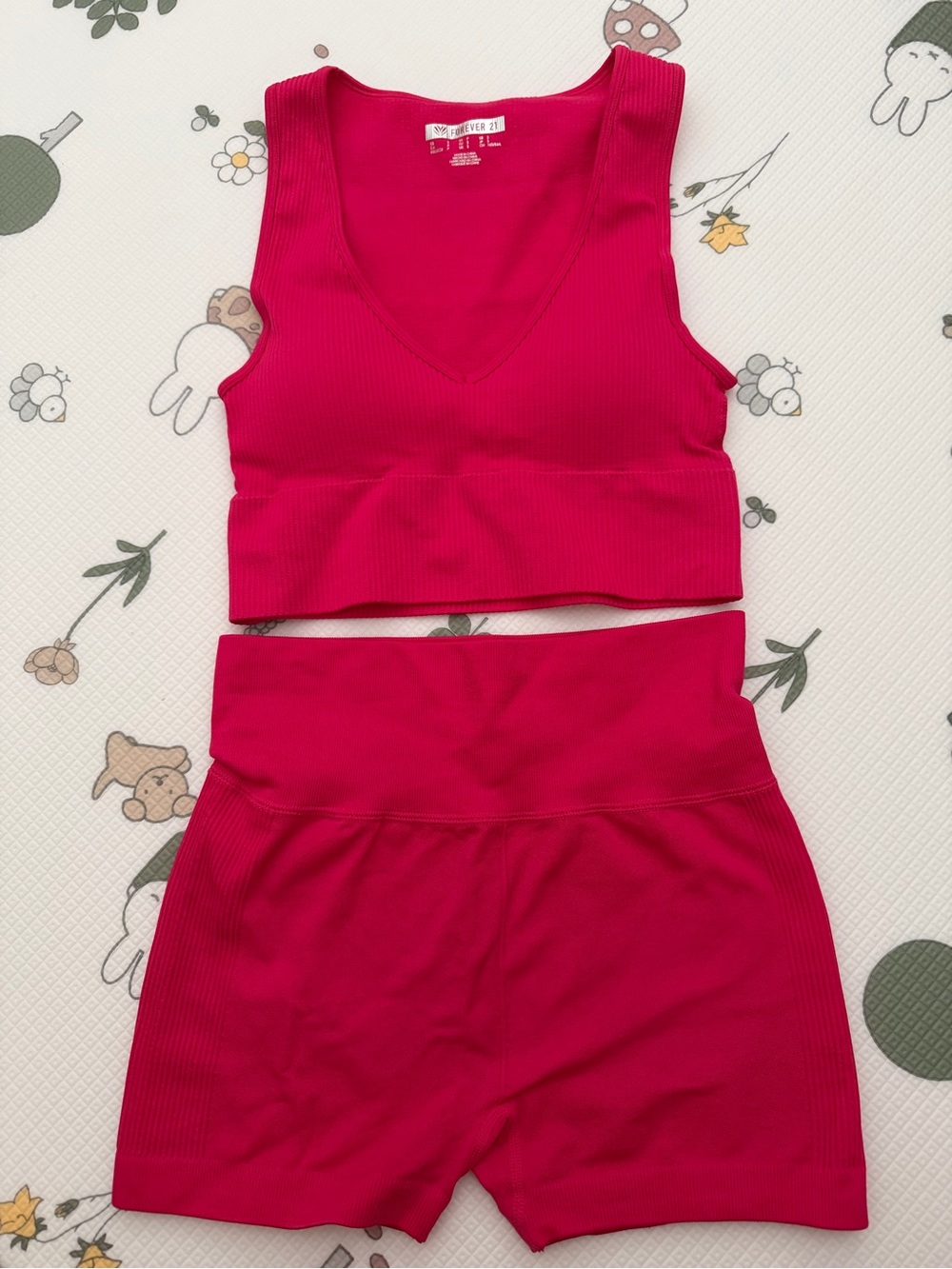 Hot Pink-Seamless Ribbed Crop Top & High-Waist Shorts Set -Forever 21-Small